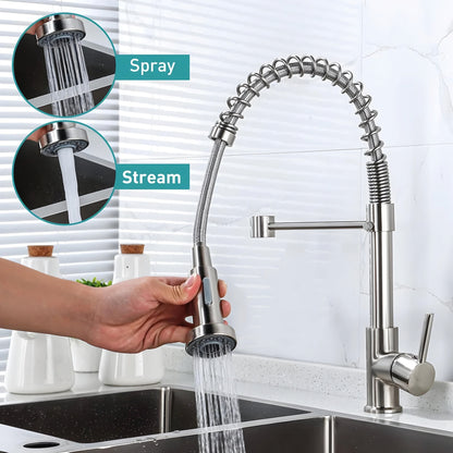 NXUS Kitchen Faucets Low Lead Commercial Solid Single Handle Single Lever Pull Down Sprayer Spring Kitchen Sink Faucet