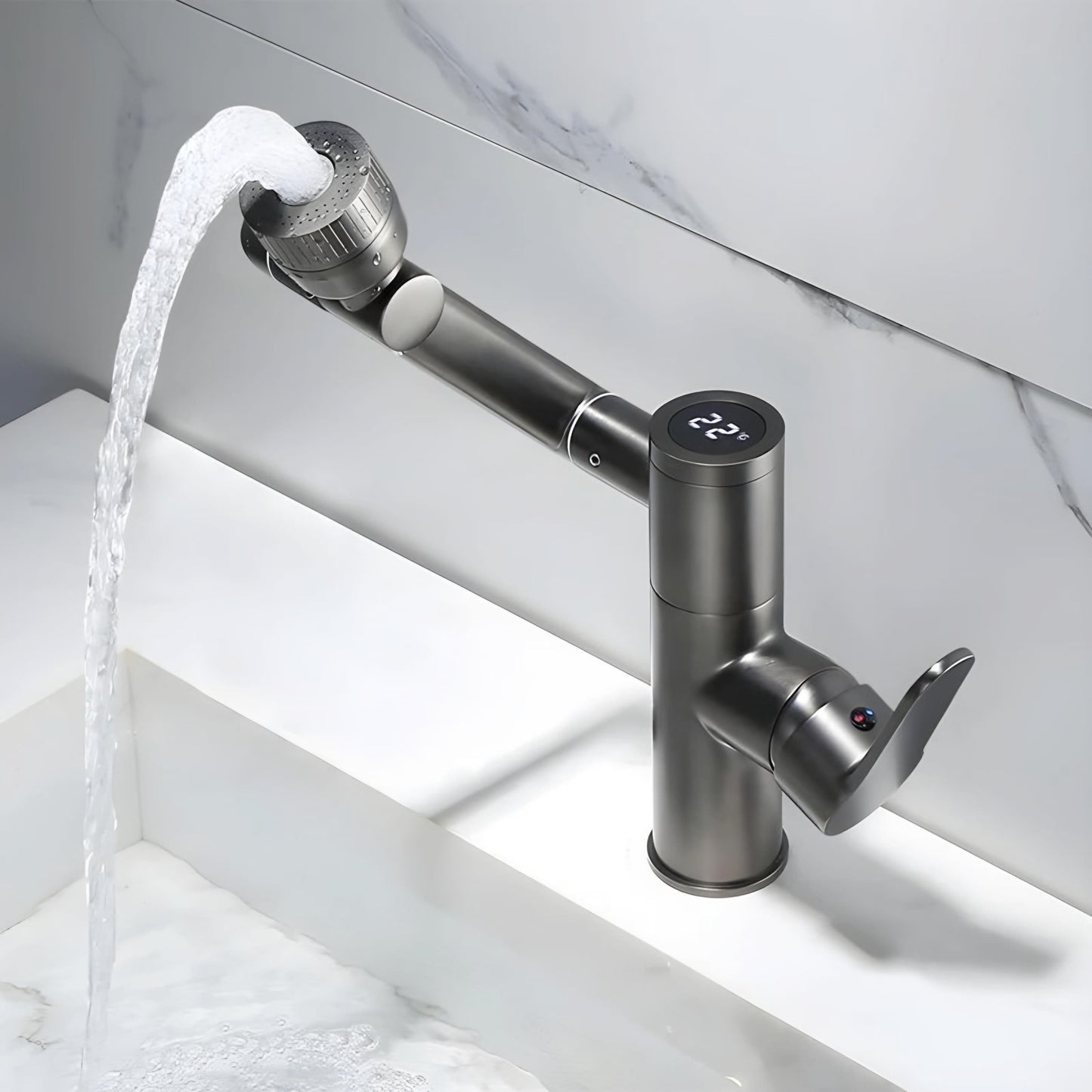 NXUS Modern Hot and Cold Basin Faucet, Adjustable Temperature, Single Handle, Ceramic Cartridge (Digital Display, Silver)