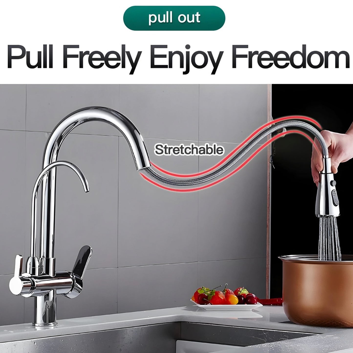 NXUS 3 Way Kitchen Faucet with Pull-out Spray, High Arc Gooseneck, 360° Swivel Spout