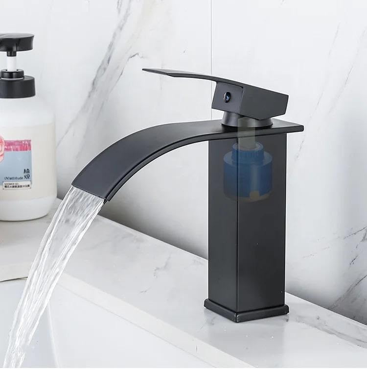 NXUS Waterfall Single Handle Bathroom Vessel Sink Faucet (Black, Short Black)