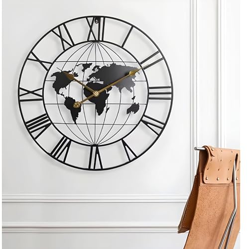 World Map Wall Clock, Metal Minimalist Modern Clock, Round Silent Non-Ticking - Wall Clocks for Living Room/Home/Kitchen/Bedroom/Office/School Decor (40 cm)