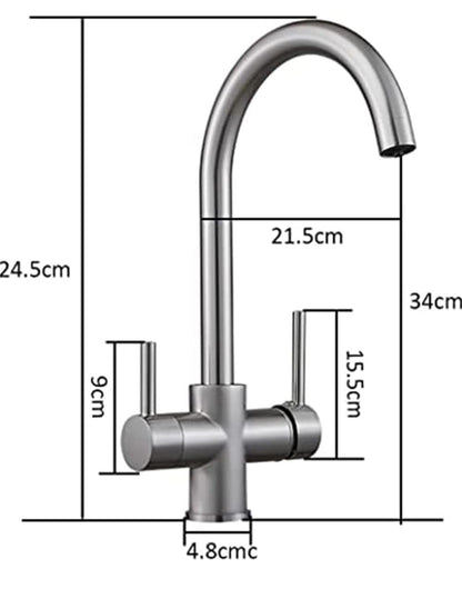 NXUS Kitchen faucet with three settings Two-lever kitchen mixer tap with a brushed finish and Brass 360-degree rotating drinking water faucet