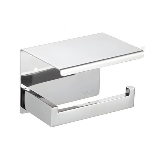 NXUS Stainless Steel Modern Square Style Toilet Paper Holder with Shelf, Toilet Tissue Holders with Phone Shelf Wall Mounted, Toilet Roll Holder with Cover for Kitchen & Bathroom (Chrome)