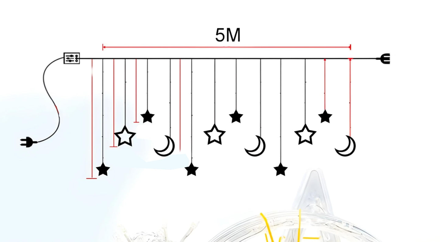 NXUS Star Moon, Christmas Fairy Lights, LED Moon Stars, Star Curtain Lights, Light Fairy Lights, Star Curtain, Christmas, Ramadan, and Party Decoration