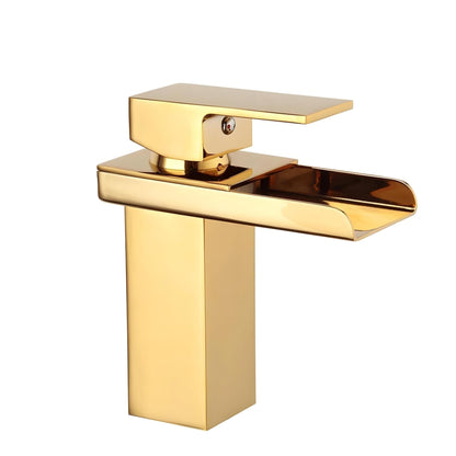 NXUS Waterfall Bathroom Basin Mixer Tap, Single Handle, Hot and Cold Water, Short (Gold)