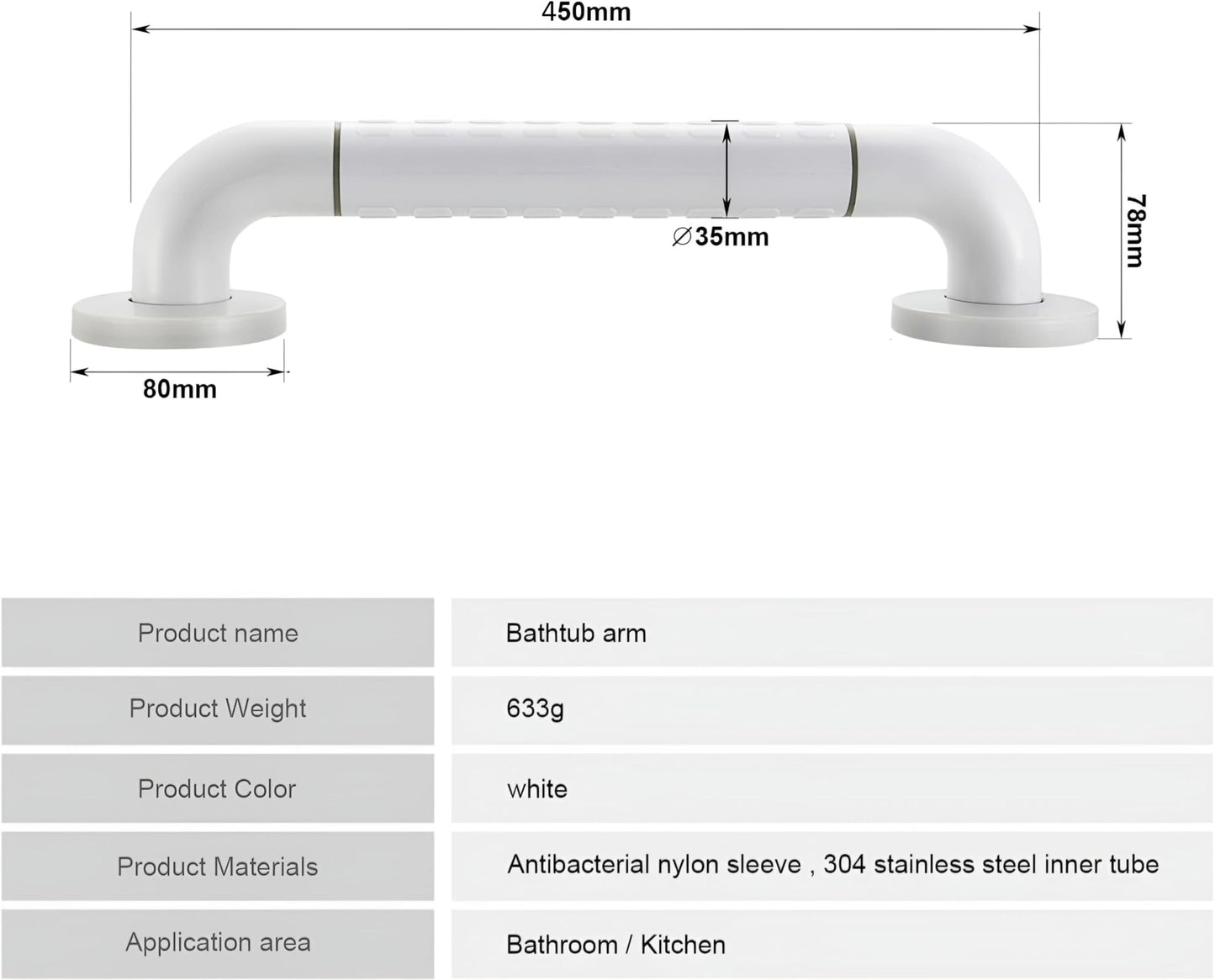 NXUS non-slip grab rail for bathrooms and showers,with white stainless steel and nylon safety handles and a handle bar (White, 45 cm)