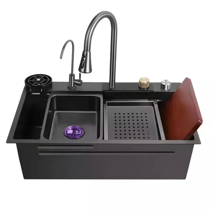 NXUS Waterfall Kitchen Sink Set, 304 Stainless Steel, 75x45cm, 9 Pieces, Pull-Out Faucet, Cutting Board, Cup Washer, Grey