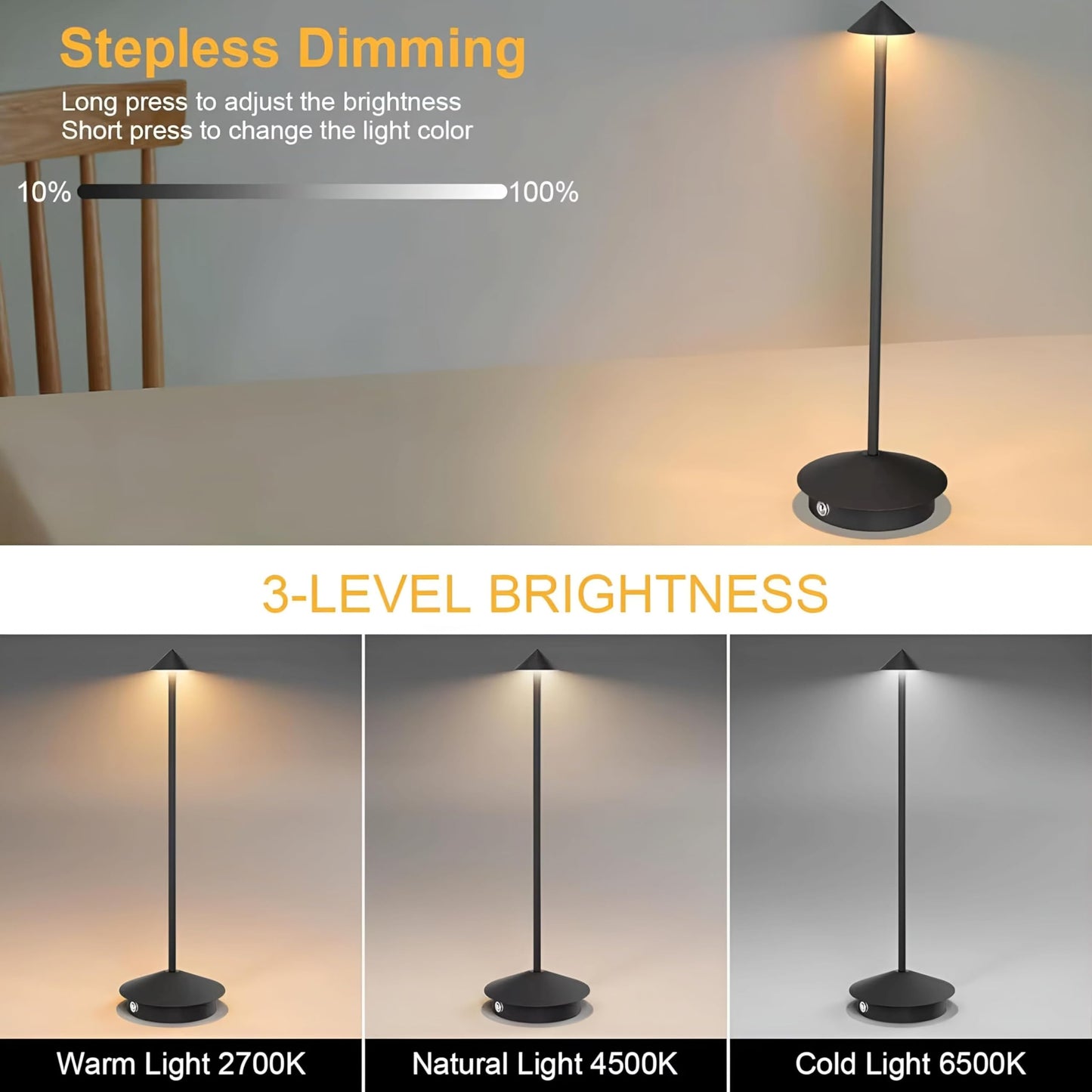 Rechargeable Desk Light with Touch Sensor Cordless LED Table Lamp, Three-Level Dimmable, Ideal for Bars/Cafes/Restaurants/Bedrooms/Camping Sites (Silver)