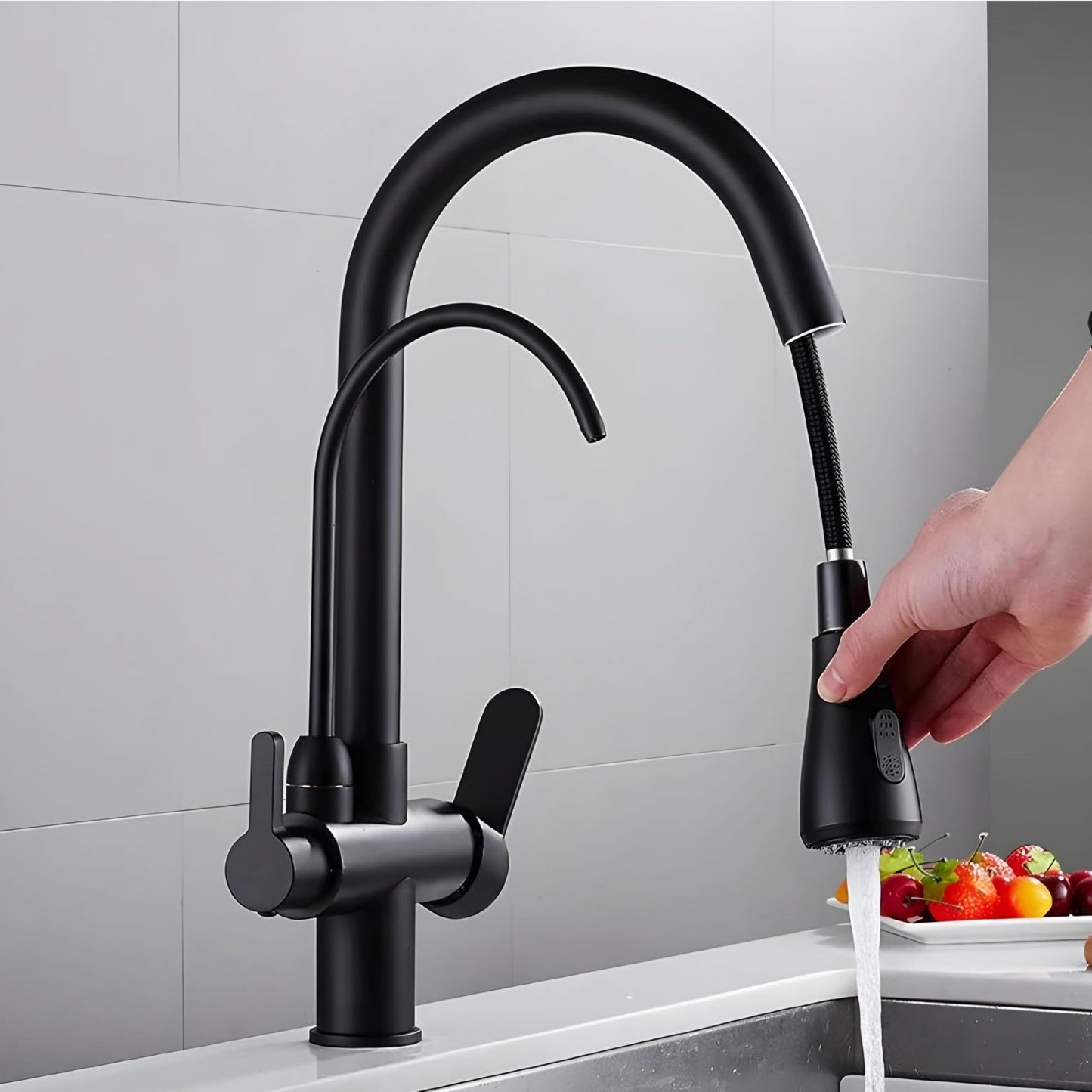 NXUS 3 Way Kitchen Faucet with Pull-out Spray, High Arc Gooseneck, 360° Swivel Spout