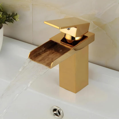 NXUS Waterfall Bathroom Basin Mixer Tap, Single Handle, Hot and Cold Water, Short (Gold)