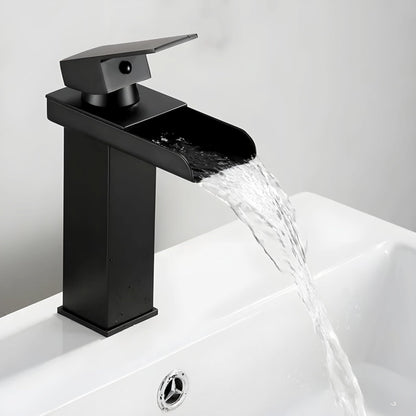 NXUS Waterfall Bathroom Basin Mixer Tap, Single Handle, Hot and Cold Water, Short (Black)