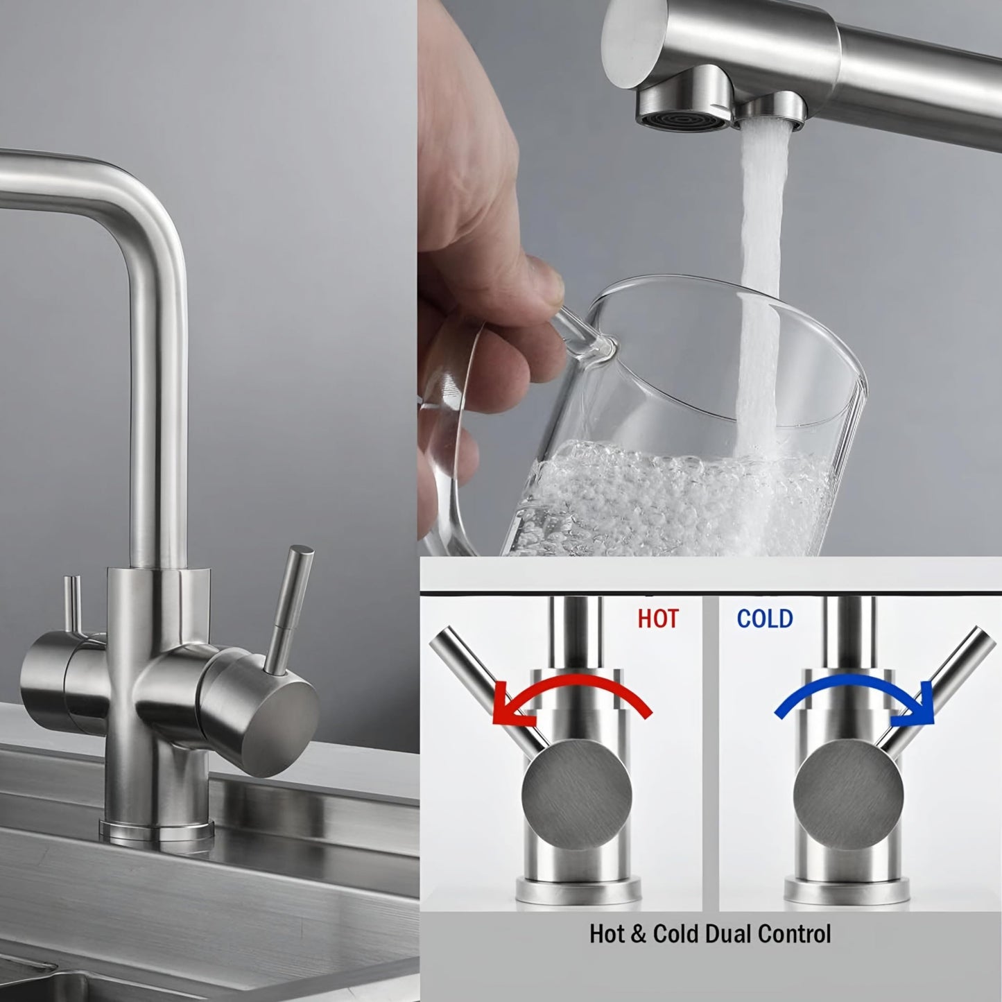 NXUS 3-in-1 Kitchen Sink Faucet with Drinking Water Faucet, 3-Way, Bar Water Purifier, Double-Handle, Seven-Shaped, Modern Color Brushed