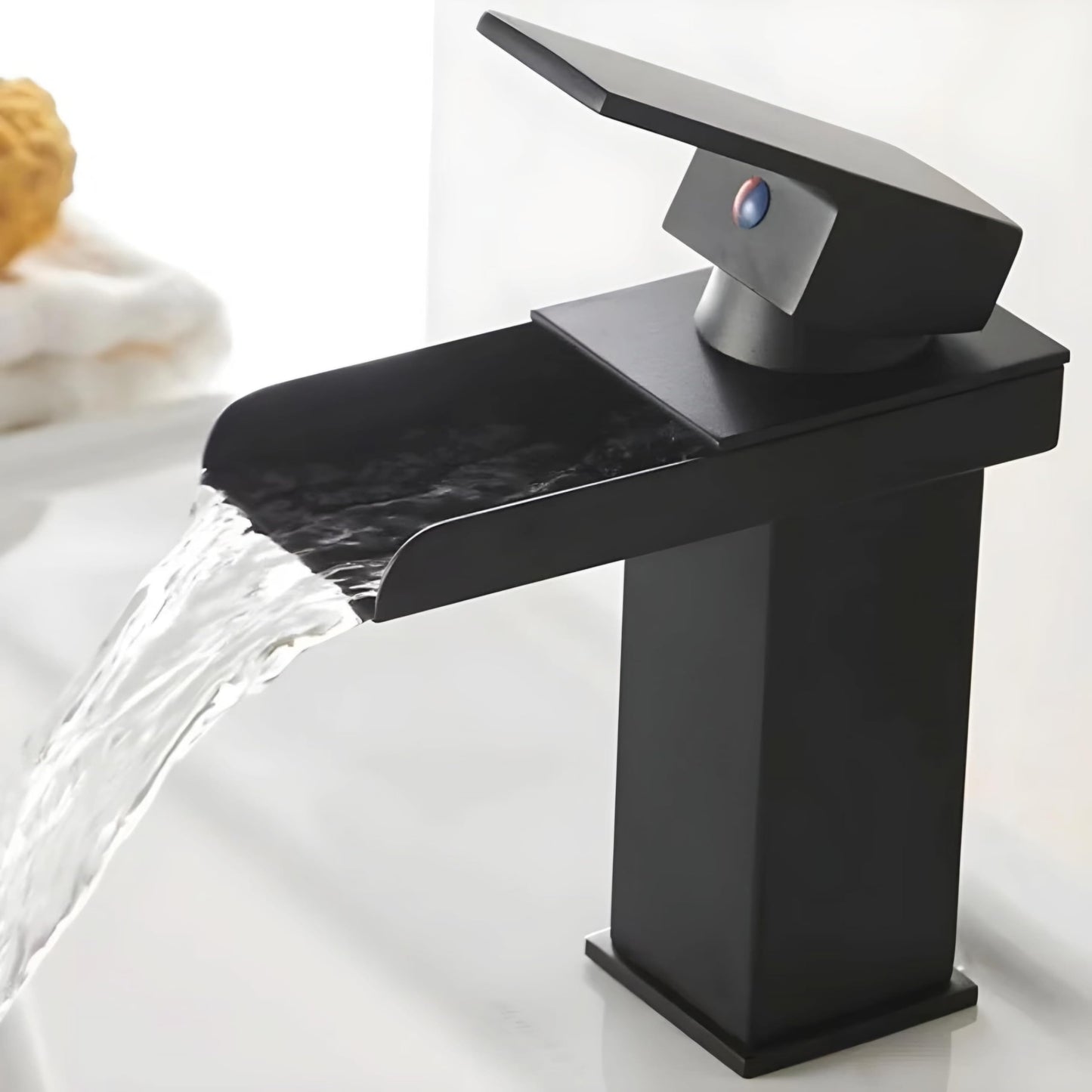 NXUS Waterfall Bathroom Basin Mixer Tap, Single Handle, Hot and Cold Water, Short (Black)