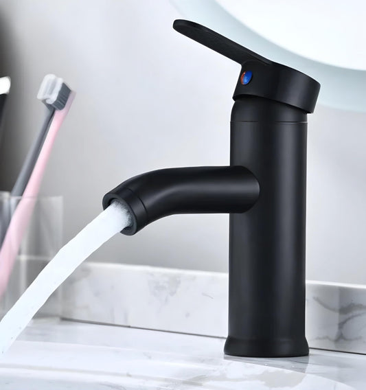 NXUS Stainless Steel Sink Faucet, Leak Proof, Hot Cold, Single Lever (Black, Short)