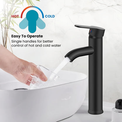 NXUS Stainless Steel Sink Faucet, Leak Proof, Hot Cold, Single Lever (Black, Tall)