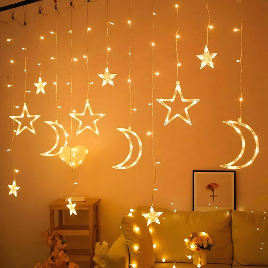 NXUS Star Moon, Christmas Fairy Lights, LED Moon Stars, Star Curtain Lights, Light Fairy Lights, Star Curtain, Christmas, Ramadan, and Party Decoration