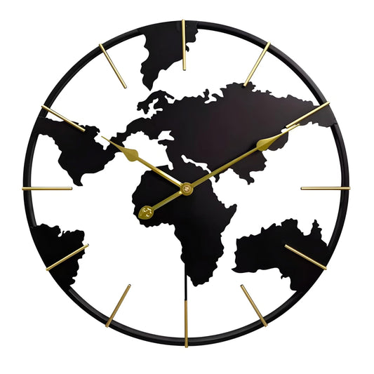 Round Wall Clock with World Map Design, Black, for Living Room, Bedroom, Office, Kitchen - 60cm