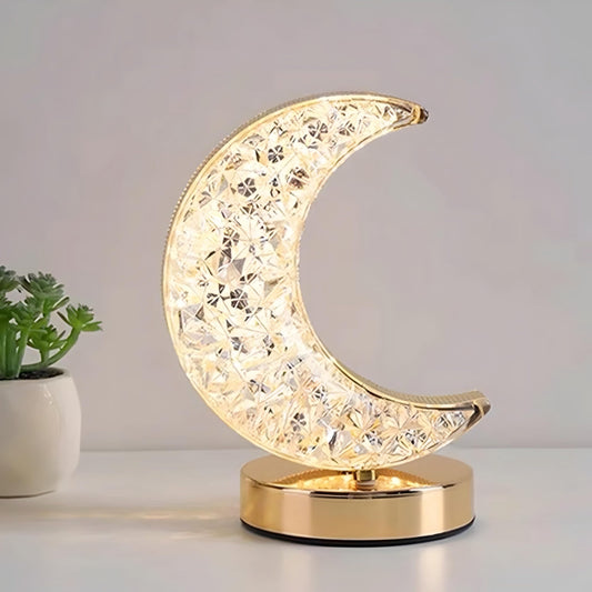 Romantic Crystal Diamond Moon Table Lamp, USB Charging, Portable Acrylic Transparent LED Desk Lamp for Living Room, Bedroom, Cafe, Bars, and Restaurants