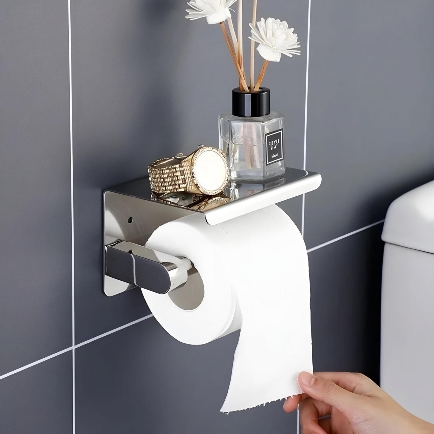 NXUS Toilet Paper Holder with Shelves Toilet Roll Holder with Phone Storage and Stainless Steel Tissue Holder Bathroom Wall Mounted (Black)