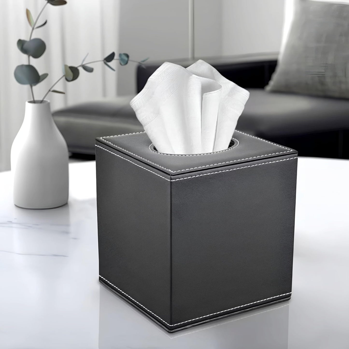 Square PU Leather Tissue Box Holder (Black)