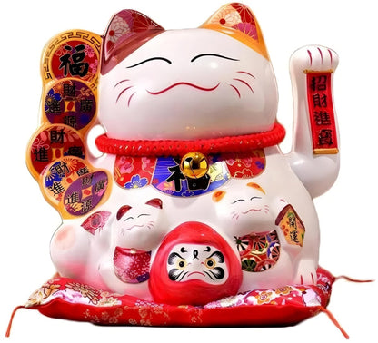 NXUS Welcome Cat, Lucky Chinese Cat, Big Wave, Battery Operated, Gold Lucky Waving Cat Waving Cat for Home Restaurant Decoration Craft, Shop Store Decoration, Red Cushions (White, 25 cm)