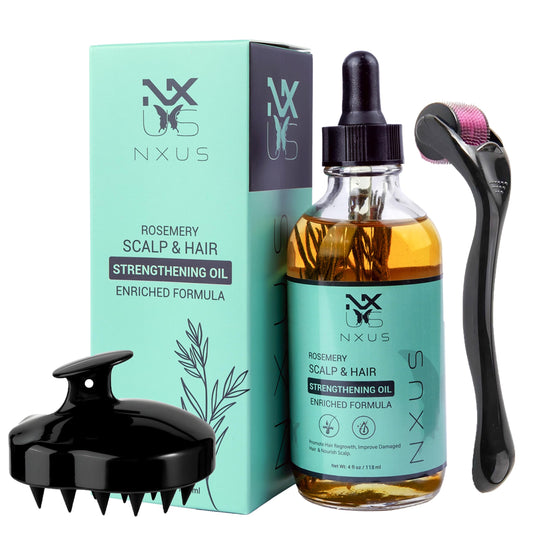 NXUS 118 ml Large Rosemary Oil For Hair Growth with Scalp Massager & Derma Roller (0.25mm) To Stop Hair Fall & Receding Hair Line. Scalp & Hair Strengthening Oil. 100% Organic & Natural. Hair Growth.