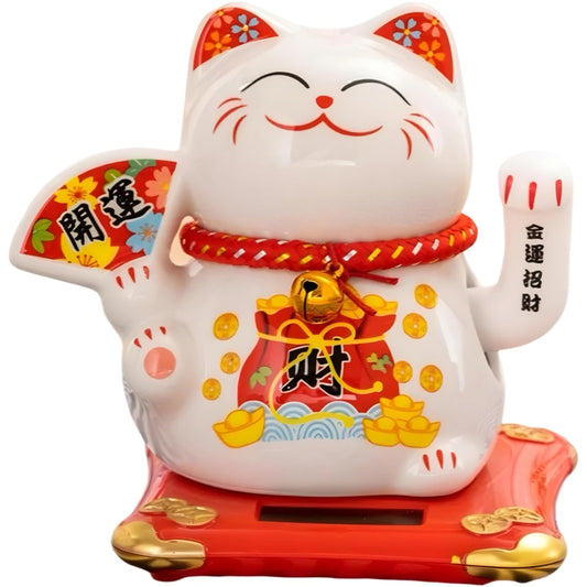 NXUS Welcome Cat, Lucky Chinese Cat, Big Wave, Battery Operated, Gold Lucky Waving Cat Waving Cat for Home Restaurant Decoration Craft, Shop Store Decoration, Red Cushions (White, 15 cm)