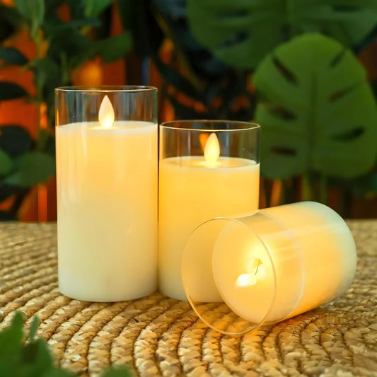 NXUS LED Flameless Pillar Candles, Set of 3, Acrylic, Flickering Electric, 3D Flame