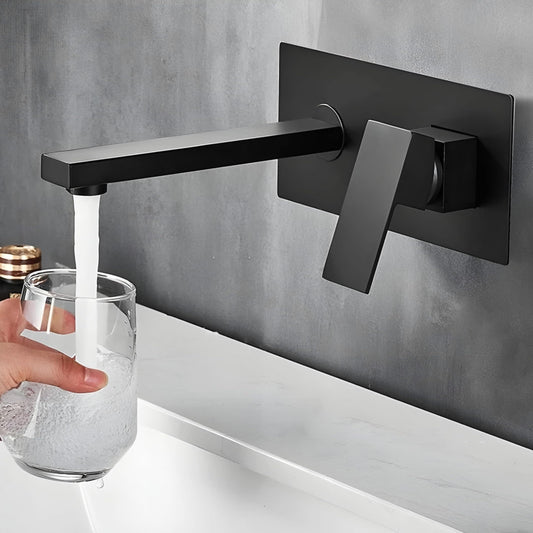 NXUS Wall Mounted Basin Mixer Tap, Single Lever, for Bathroom Sink (Black)