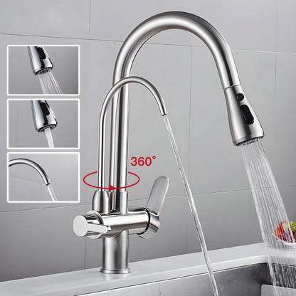 NXUS 3 Way Kitchen Faucet with Pull-out Spray, High Arc Gooseneck, 360° Swivel Spout